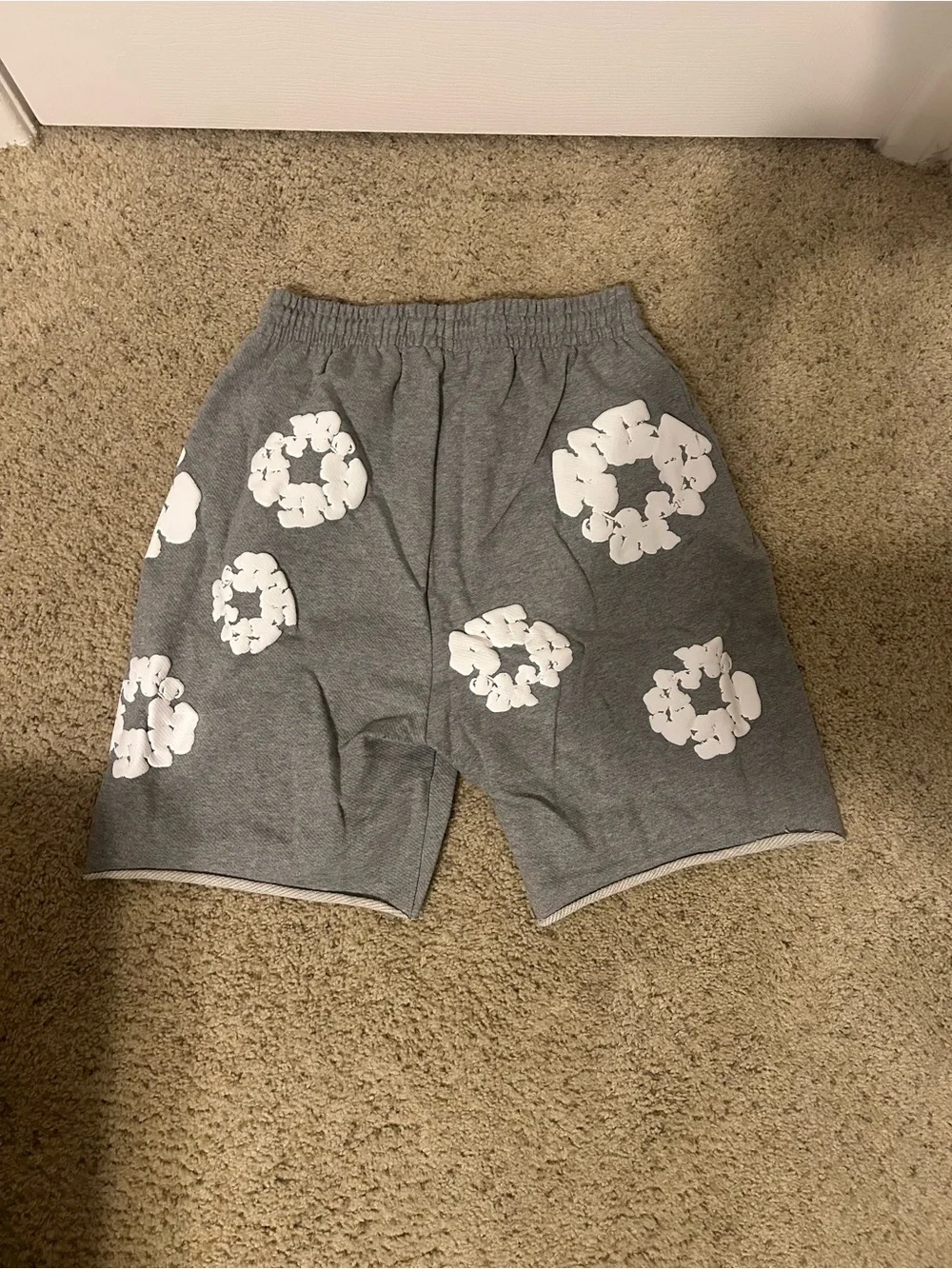 Gray Men's Athletic Drawstring Shorts with White Floral Accents